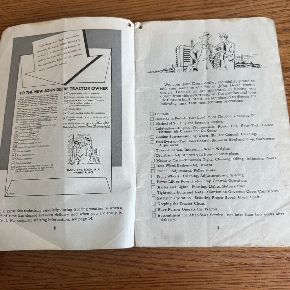 Vintage John Deere Model A Tractor Operators Manual No. OM-RA2-249 Serial 584000